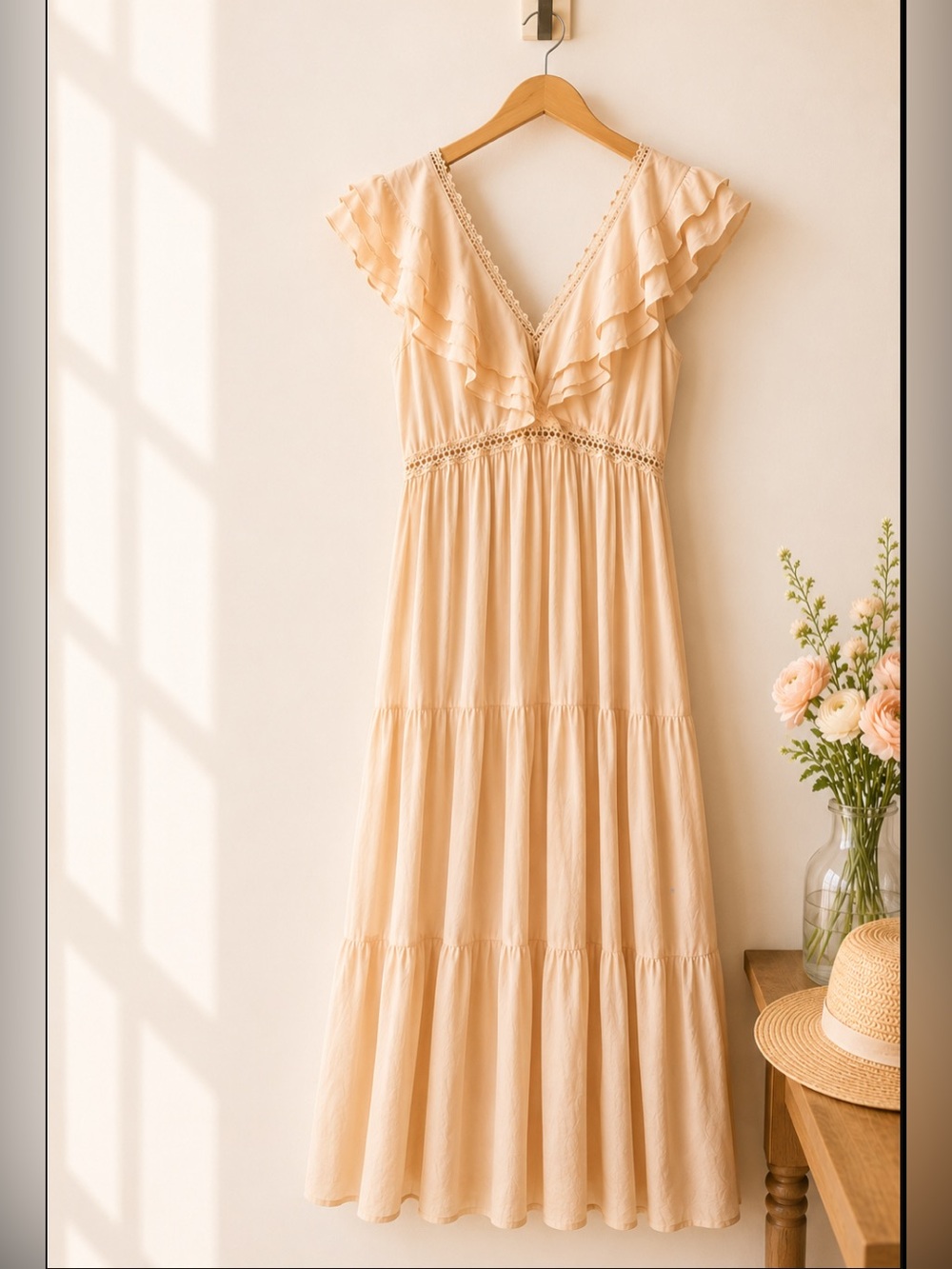 Women's Barely Peach Ruffle V-Neck Maxi Dress